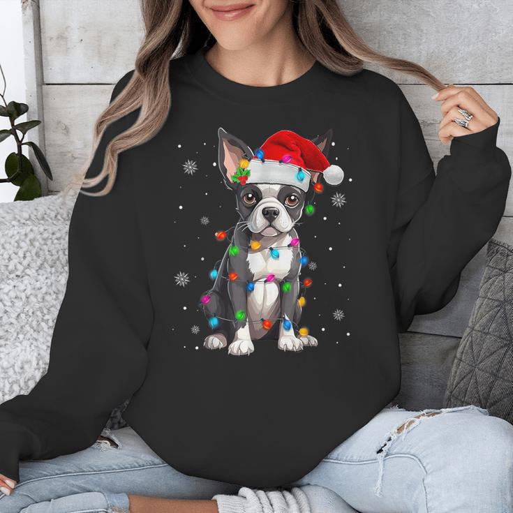Boston Terrier Christmas Santa Hat Tree Lights Pajama Unisex Sweatshirt, Boston Terrier Christmas Gifts, funny design