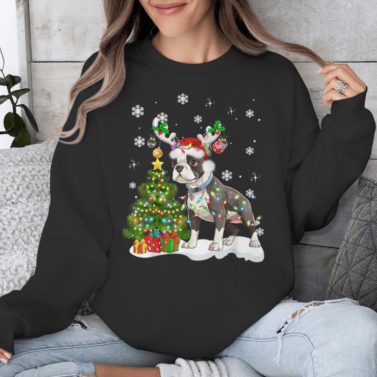 Boston Terrier Christmas Tree Lights Santa Hat Unisex Sweatshirt, Boston Terrier Christmas Gifts, funny design
