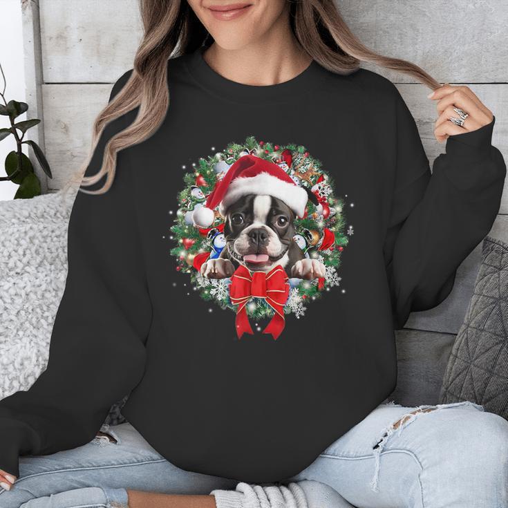 Boston Terrier Christmas Wreath Decoration Xmas Pajamas Unisex Sweatshirt, Boston Terrier Christmas Gifts, funny design