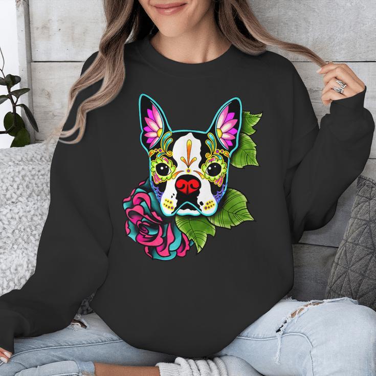 Boston Terrier In Day Of The Dead Sugar Skull Dog Unisex Sweatshirt, funny design