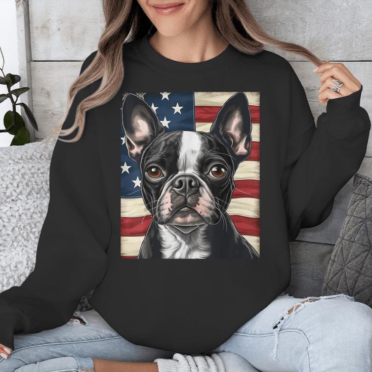 Boston Terrier Dog American Flag 4th Of July Patriotic Puppy Unisex Sweatshirt, Patriotic Boston Terrier Gifts, American Boston Terrier Gifts, Boston Terrier 4th Of July Gifts, funny design