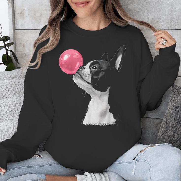 Boston Terrier Dog Blowing Chewing Bubble Gum Pink Unisex Sweatshirt, funny design