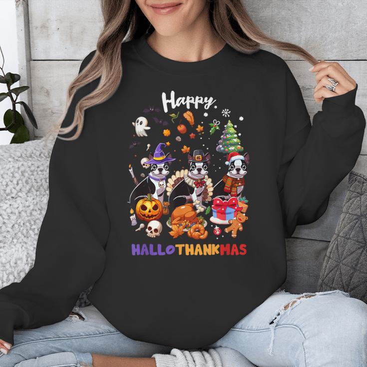 Boston Terrier Dog Christmas Happy Hallothankmas Halloween For Men Women Kids Unisex Sweatshirt, Boston Terrier Christmas Gifts, Boston Terrier Halloween Gifts, funny design