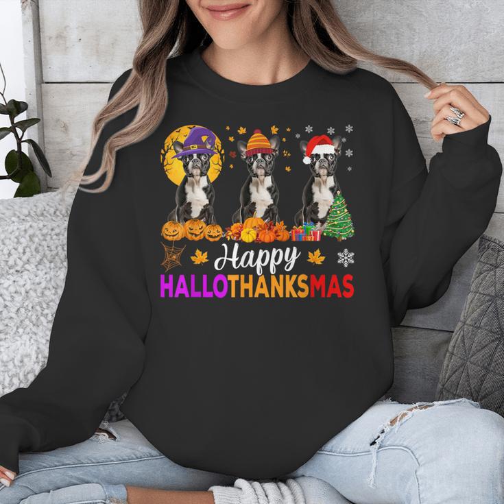 Boston Terrier Dog Halloween Christmas Hallothanksmas Men Women Kids Unisex Sweatshirt, Boston Terrier Christmas Gifts, Boston Terrier Halloween Gifts, funny design