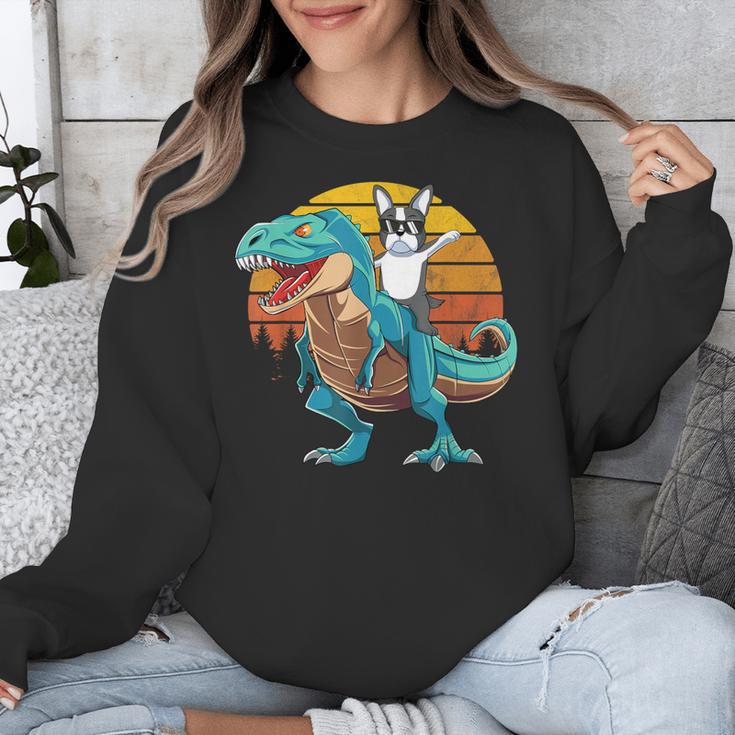 Boston Terrier Dog Riding Dinosaur T Rex Boys Unisex Sweatshirt, Boston Terrier Riding Gifts, funny design