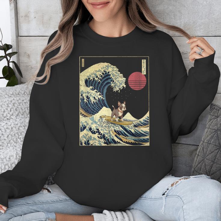 Boston Terrier Japanese Kanagawa Wave Surf Dog Unisex Sweatshirt, funny design