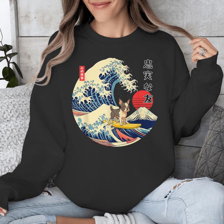 Boston Terrier Japanese Kanagawa Wave Surf Loyal Dog Men Women Kids Unisex Sweatshirt, funny design