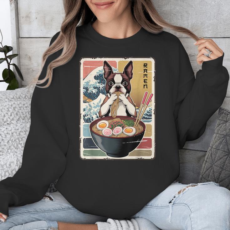 Boston Terrier Ramen Noodles Japanese Art Retro Ocean Waves Unisex Sweatshirt, funny design
