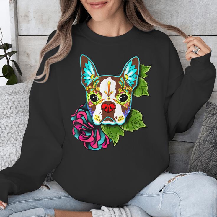 Boston Terrier In Red Day Of The Dead Sugar Skull Dog Unisex Sweatshirt, funny design