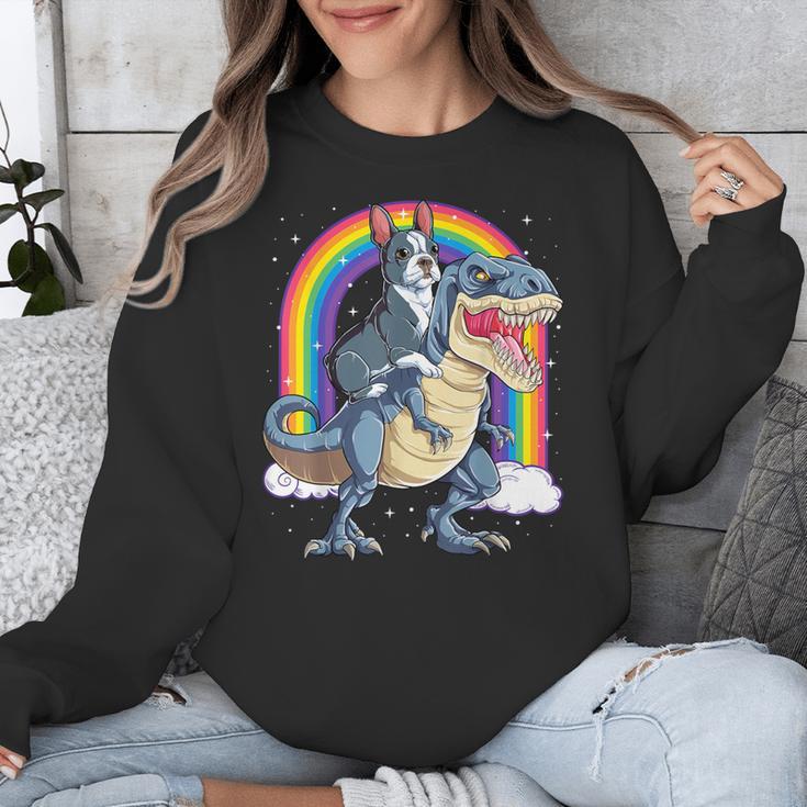 Boston Terrier Riding Dinosaur T-Rex Boys Kids Rainbow Unisex Sweatshirt, Boston Terrier Riding Gifts, funny design