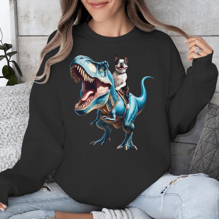 Boston Terrier Riding T-Rex Dinosaur Dog Lover Unisex Sweatshirt, Boston Terrier Riding Gifts, funny design