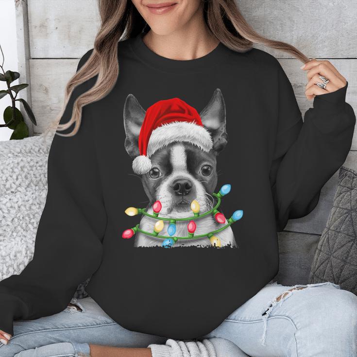 Boston Terrier Santa Christmas Tree Lights Xmas Boys Men Dog Unisex Sweatshirt, Boston Terrier Christmas Gifts, funny design