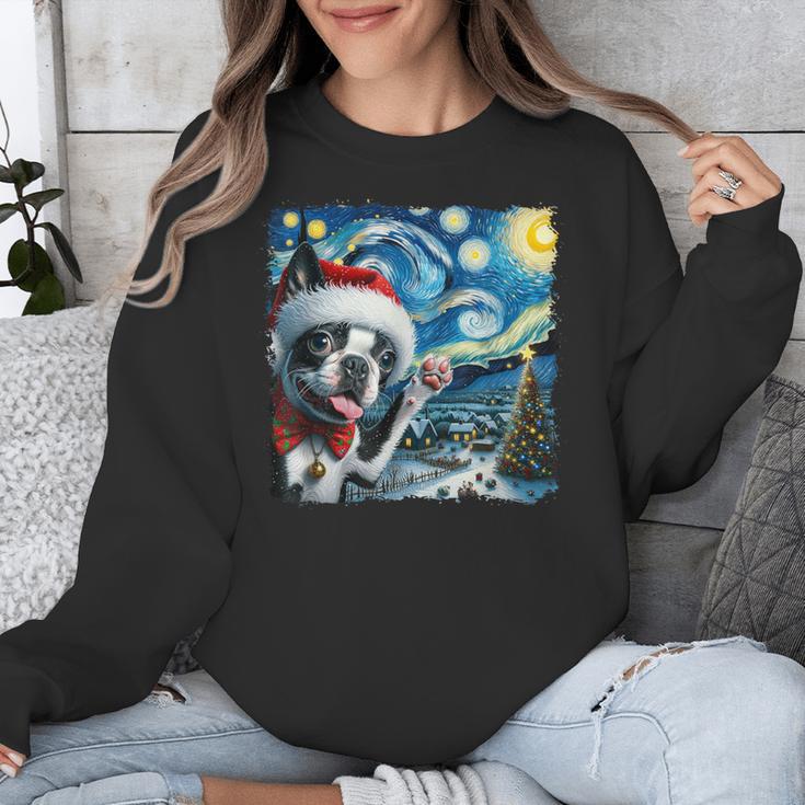 Boston Terrier Santa Starry Night Van Gogh Christmas Dog Men Women Kids Unisex Sweatshirt, Boston Terrier Christmas Gifts, funny design