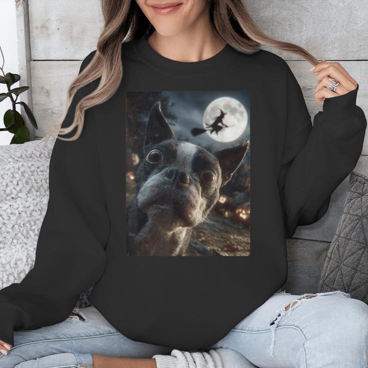 Boston Terrier Selfie Full Moon Flying Witch Halloween Dog Unisex Sweatshirt, Boston Terrier Halloween Gifts, funny design