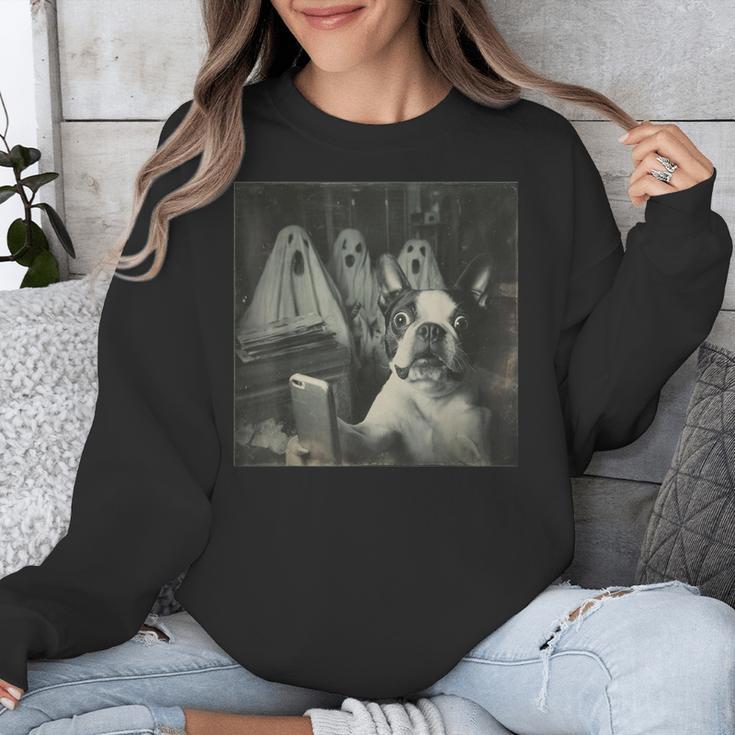 Boston Terrier Selfie With Ghosts Halloween Dog Lover Unisex Sweatshirt, Boston Terrier Halloween Gifts, funny design