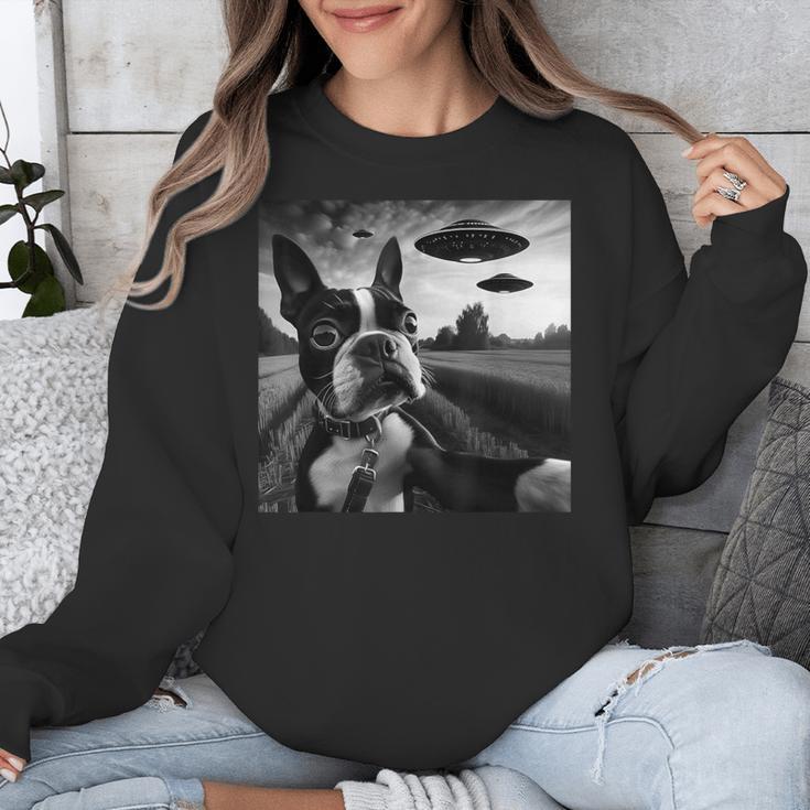 Boston Terrier Graphic Selfie With UFOs Weird Aliens Unisex Sweatshirt, funny design