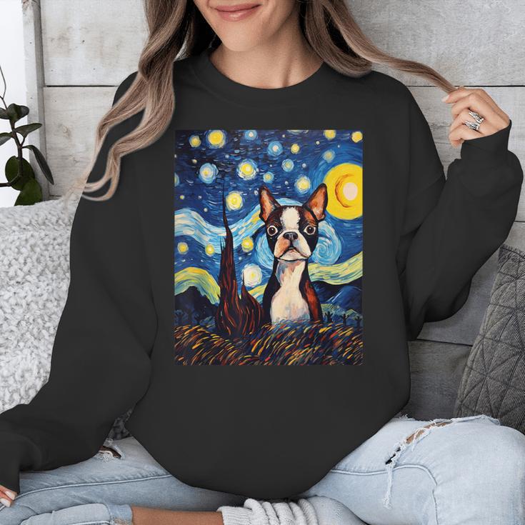 Boston Terrier Starry Night Van Gogh Art Unisex Sweatshirt, funny design