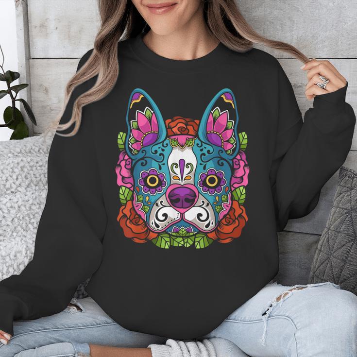 Boston Terrier Sugar Skull Dog Day Of The Dead Unisex Sweatshirt, funny design