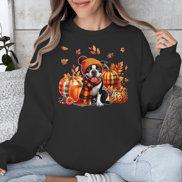 Boston Terrier Thanksgiving Leopard Pumpkins Fall Leaves Unisex Sweatshirt, Boston Terrier Thanksgiving Gifts, funny design