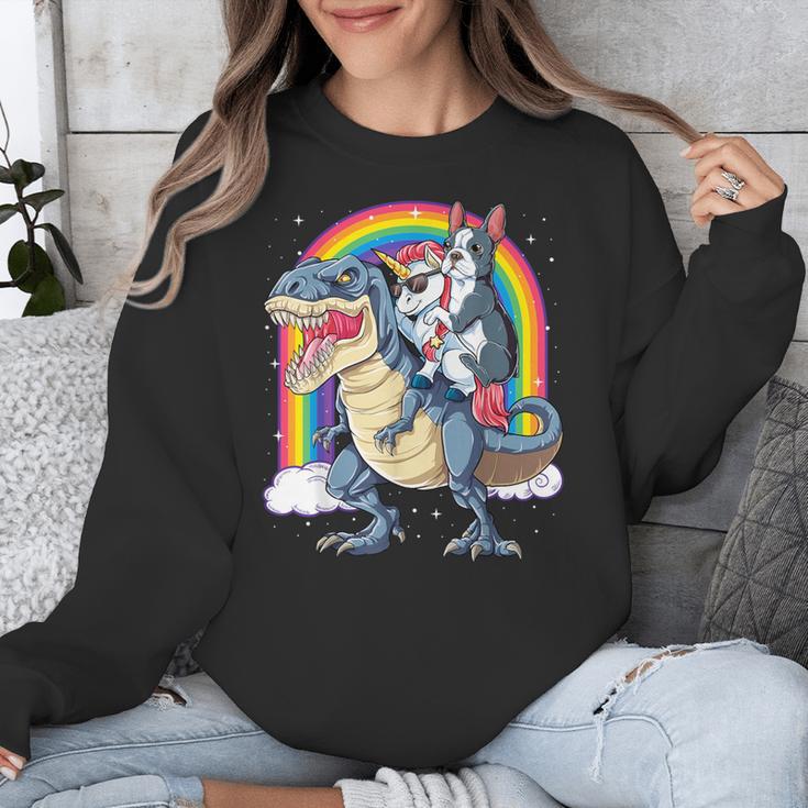 Boston Terrier Unicorn Riding Dinosaur T-Rex Girls Rainbow Unisex Sweatshirt, Boston Terrier Riding Gifts, funny design