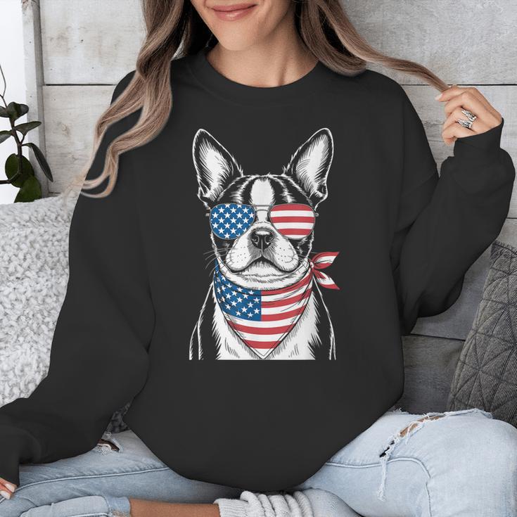 Boston Terrier USA Flag Sunglasses Patriotic 4th Of July Unisex Sweatshirt, Patriotic Boston Terrier Gifts, Boston Terrier 4th Of July Gifts, funny design