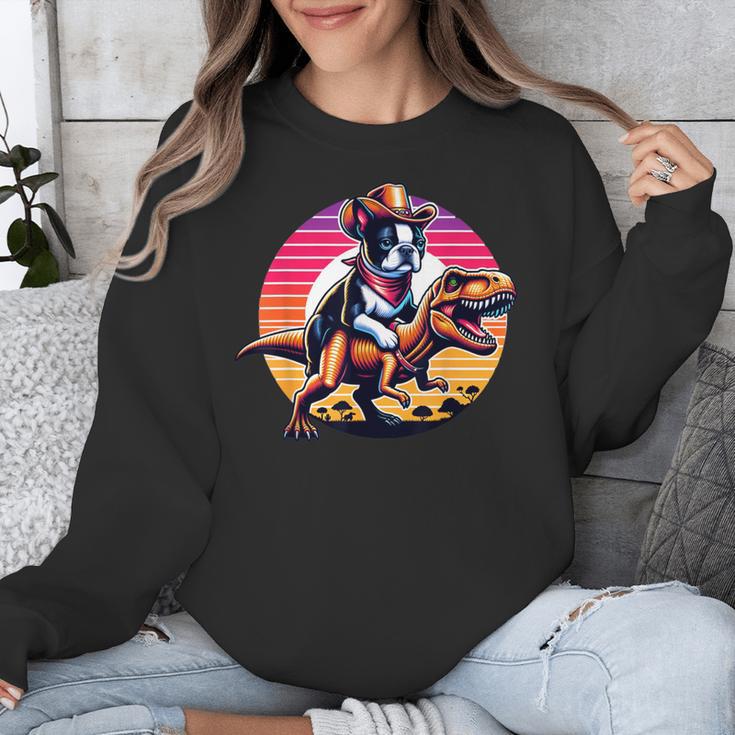 Boston Terrier Wearing A Cowboy Hat On T-Rex Unisex Sweatshirt, funny design