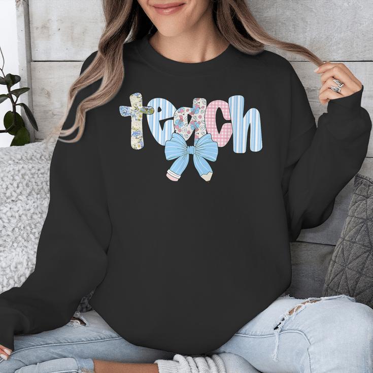 Coquette Bow Teach Teacher Happy First Day Back To School Unisex Sweatshirt, funny design Coquette Bow Teach Teacher Happy First Day Back To School Unisex Sweatshirt, funny design