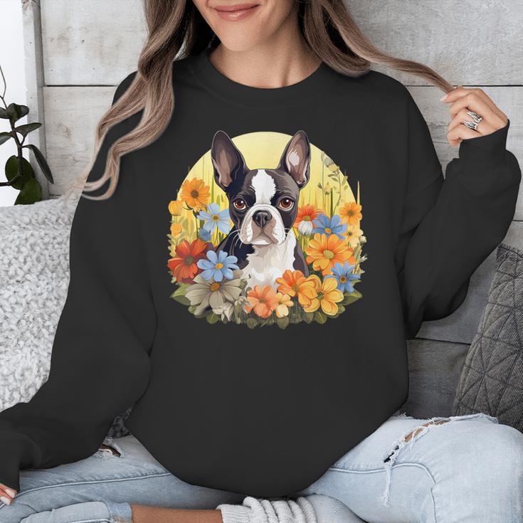 Cute Boston Terrier Spring Flower Garden Colorful Puppy Dog Unisex Sweatshirt, funny design