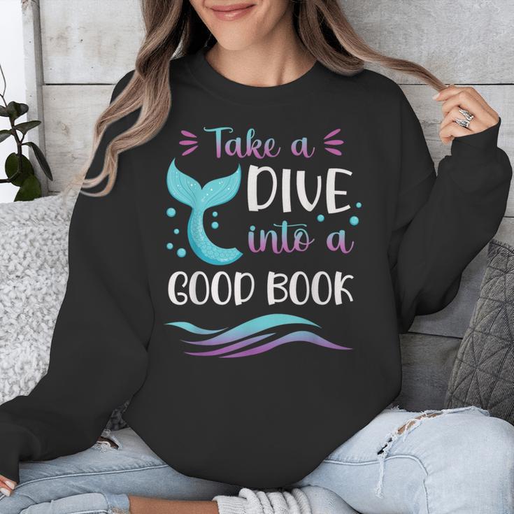 Cute Mermaid Librarian Teacher Dive Into A Good Book Reading Unisex Sweatshirt, funny design