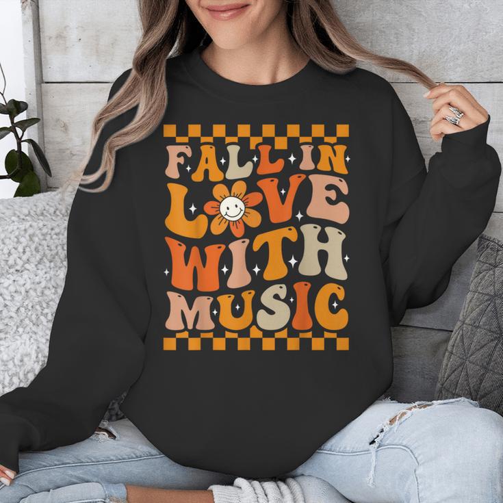 Fall In Love With Music Groovy Thanksgiving Music Teacher Men Women Girls Kids Unisex Sweatshirt, Groovy Teacher Gifts, funny design