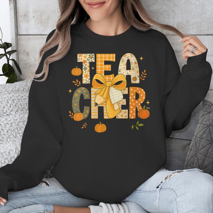Fall Teacher Pumpkin Coquette Bow Autumn Classroom Unisex Sweatshirt, funny design