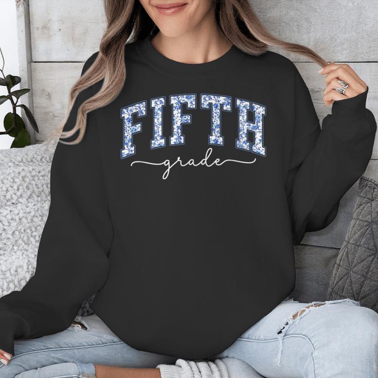 Fifth Grade Coquette Toile Blue Bow Floral Women Teacher Unisex Sweatshirt, funny design