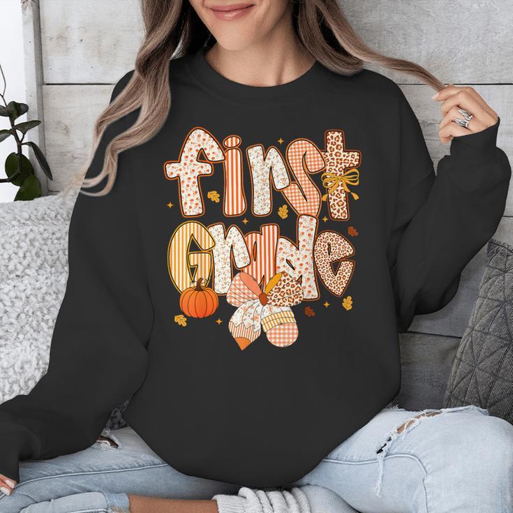 First Grade Fall Floral Coquette Bow Teachers Students Unisex Sweatshirt, First Grade Teacher Gifts, funny design First Grade Fall Floral Coquette Bow Teachers Students Unisex Sweatshirt, First Grade Teacher Gifts, funny design