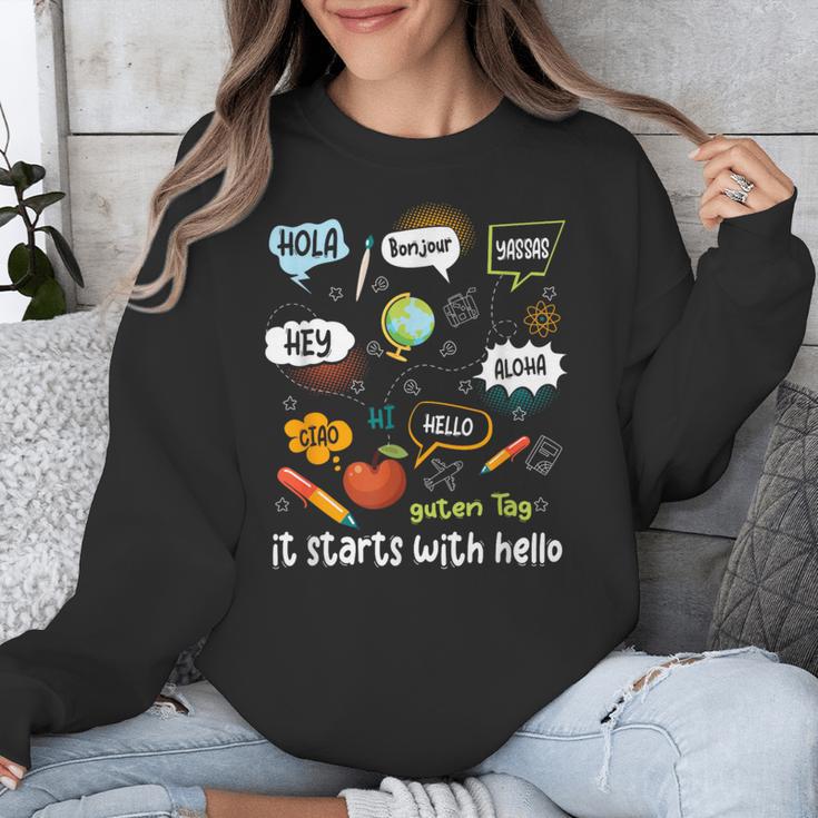 Friendship Inclusion Language Teacher It Starts With Hello Unisex Sweatshirt, funny design Friendship Inclusion Language Teacher It Starts With Hello Unisex Sweatshirt, funny design
