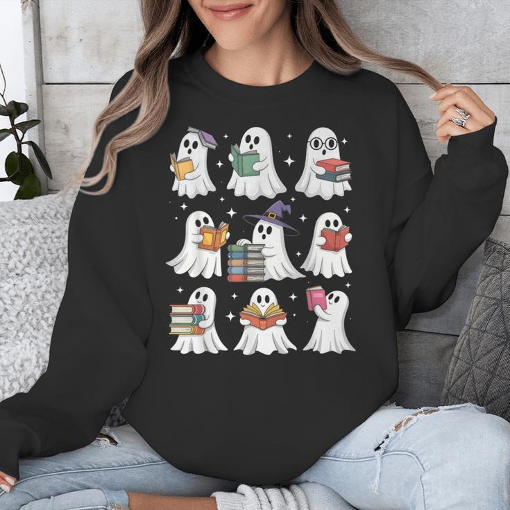 Ghost Reading Teacher Halloween Costume Librarian Book Lover Unisex Sweatshirt, funny design