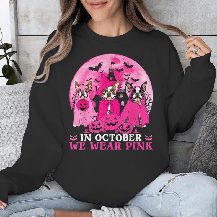 Ghost And Witch Boston Terrier Dog In October We Wear Pink Unisex Sweatshirt, Boston Terrier Ghost Gifts, funny design