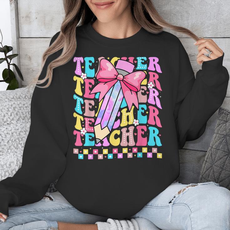 Groovy Teacher Cute Coquette Bow Flower Retro Back To School Unisex Sweatshirt, Groovy Teacher Gifts, funny design Groovy Teacher Cute Coquette Bow Flower Retro Back To School Unisex Sweatshirt, Groovy Teacher Gifts, funny design