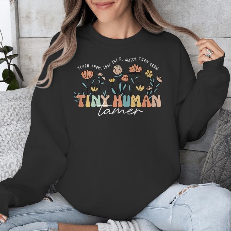 Groovy Tiny Human Tamer Floral Kindergarten Teacher Unisex Sweatshirt, Groovy Teacher Gifts, funny design