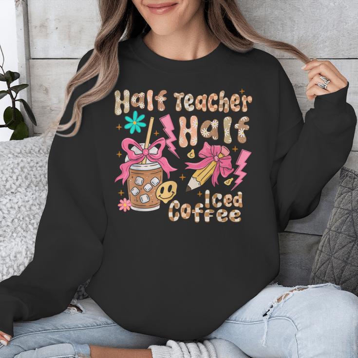 Half Teacher Half Iced Coffee Back To School Unisex Sweatshirt, funny design Half Teacher Half Iced Coffee Back To School Unisex Sweatshirt, funny design