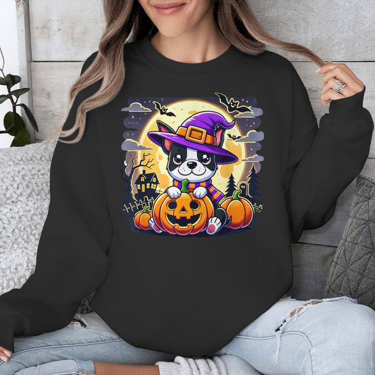 Halloween Boston Terrier Dog Breed With Jack O' Lantern Art Unisex Sweatshirt, Boston Terrier Halloween Gifts, funny design