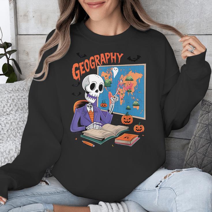 Halloween Skeleton Geography Teacher Pumpkin Bats Classroom Unisex Sweatshirt, funny design