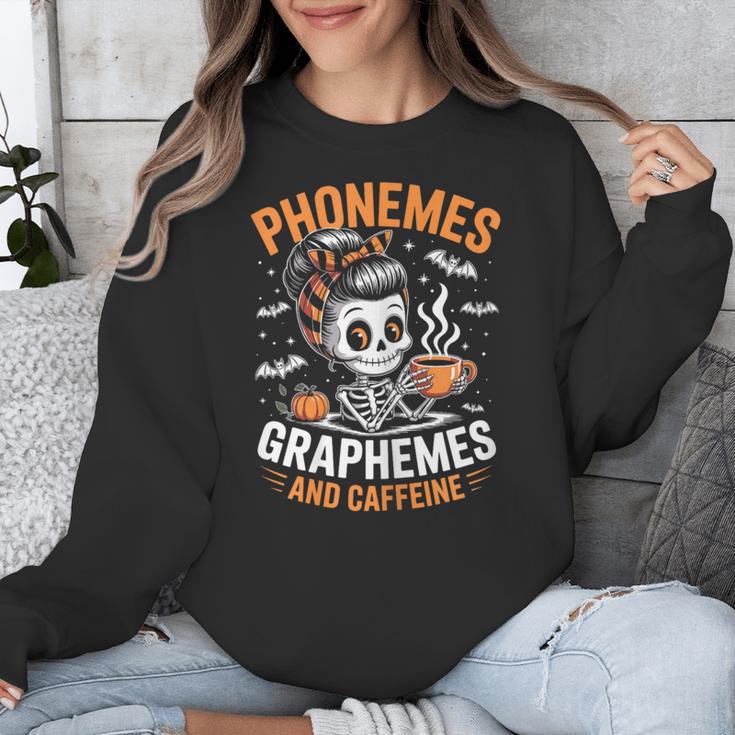 Halloween Skeleton Teacher Phonemes Graphemes Caffeine Lover Unisex Sweatshirt, funny design