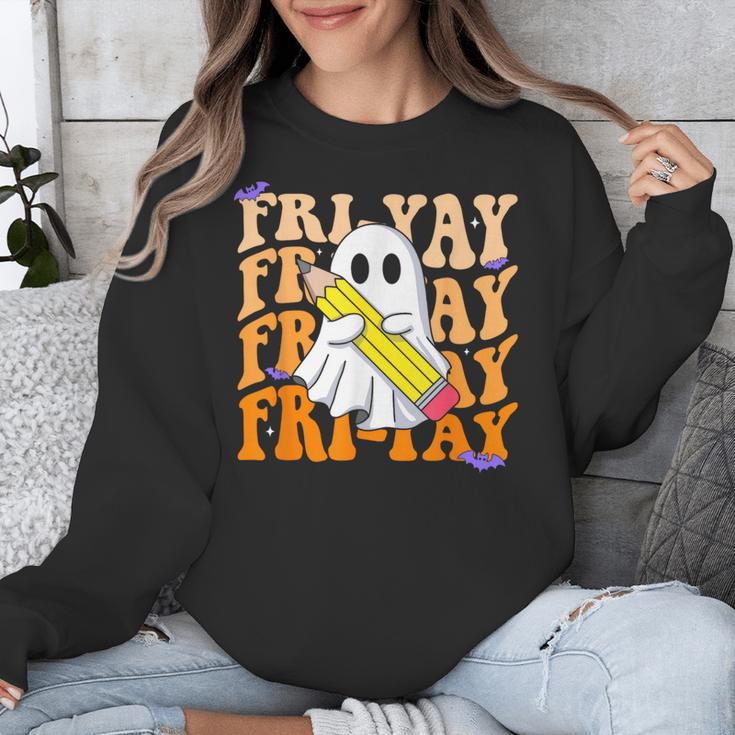 Happy Fri-Yay Friday Lovers Groovy Teacher Life Halloween Unisex Sweatshirt, Groovy Teacher Gifts, funny design