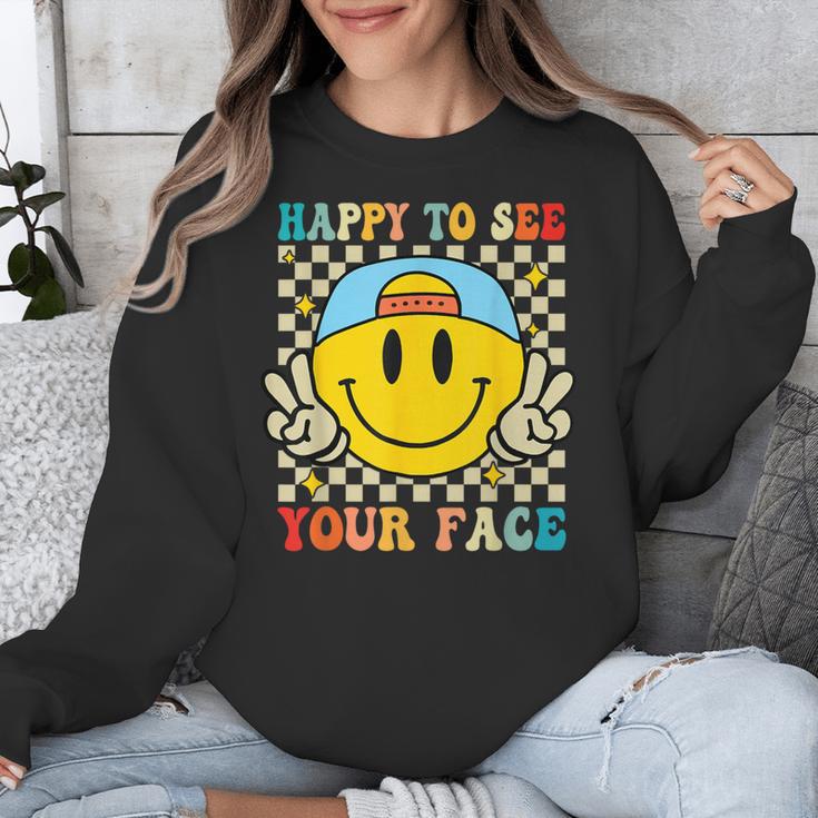 Happy To See Your Face Hippie Smile Back To School Teachers Unisex Sweatshirt, funny design