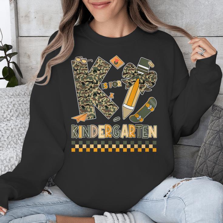 K Is For Kindergarten Teacher Coquette Bow Camo Unisex Sweatshirt, funny design K Is For Kindergarten Teacher Coquette Bow Camo Unisex Sweatshirt, funny design