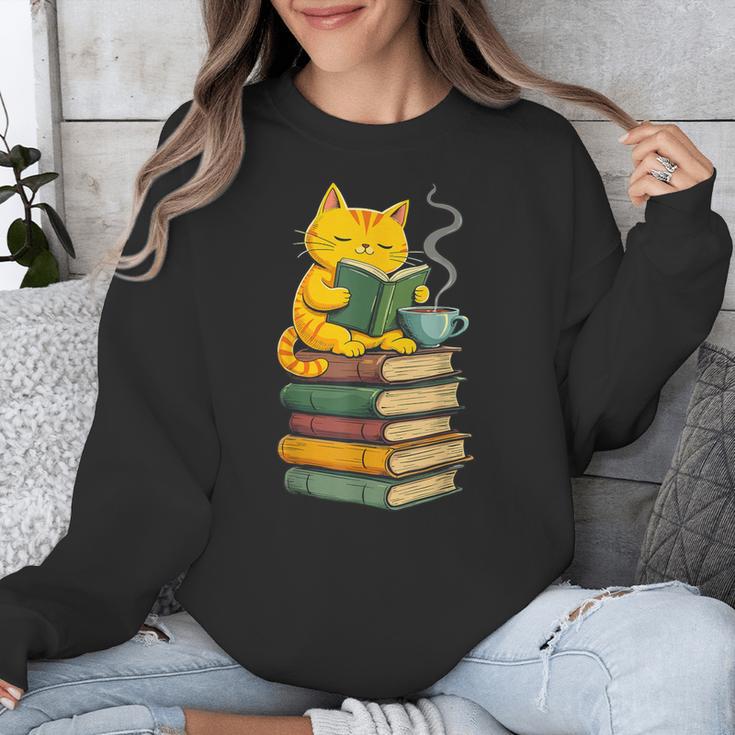 Kawaii Cats Lover Coffee Books Teacher Librarian Cat Unisex Sweatshirt, funny design