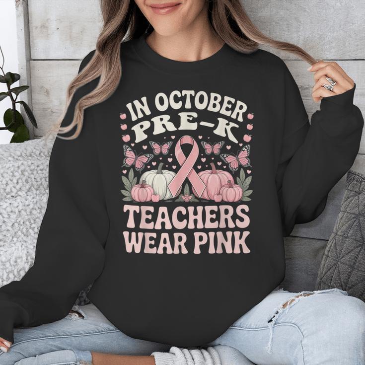 In October Pre-K Teachers Wear Pink Ribbon Breast Cancer Unisex Sweatshirt, funny design In October Pre-K Teachers Wear Pink Ribbon Breast Cancer Unisex Sweatshirt, funny design