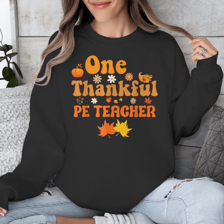 One Thankful PE Teacher Thanksgiving Fall Autumn Groovy Unisex Sweatshirt, Pe Teacher Gifts, Groovy Teacher Gifts, funny design