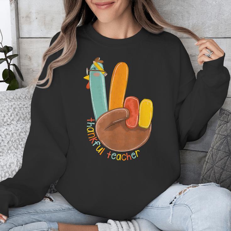 One Thankful Teacher Thanksgiving Turkey Peace Hand Sign Unisex Sweatshirt, funny design