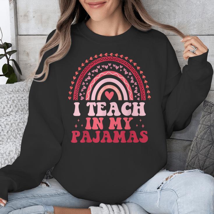Rainbow Retro Homeschool Mom Teacher I Teach In My Pajamas Unisex Sweatshirt, funny design